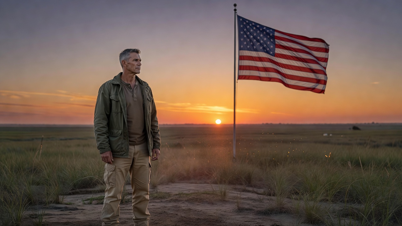 A younger post-9/11 veteran standing at dusk, looking toward an American flag