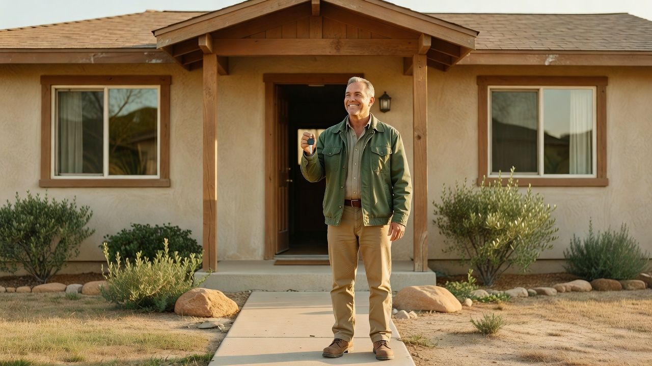 A veteran smiling and holding keys in front of his new home