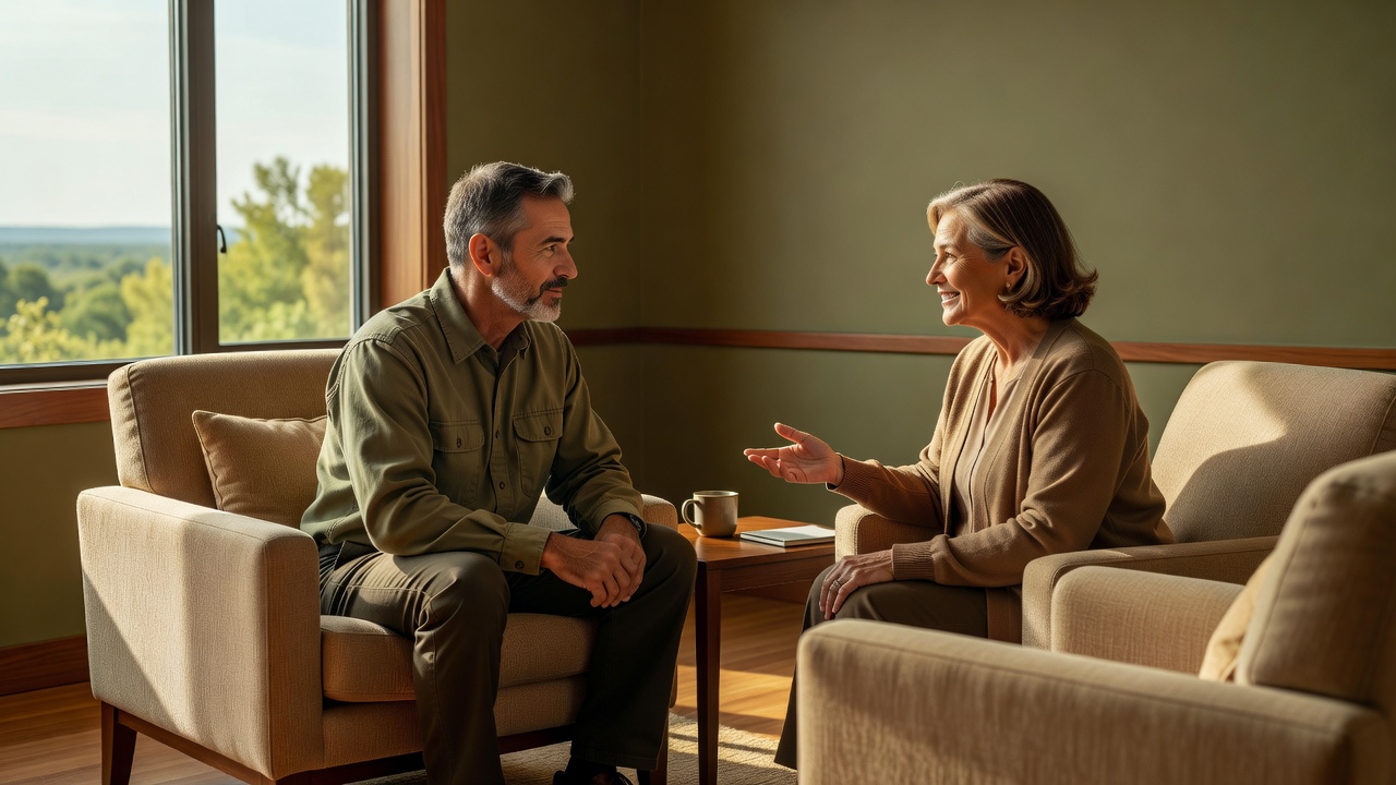 A veteran talking with a caring healthcare counselor in a calm clinic office